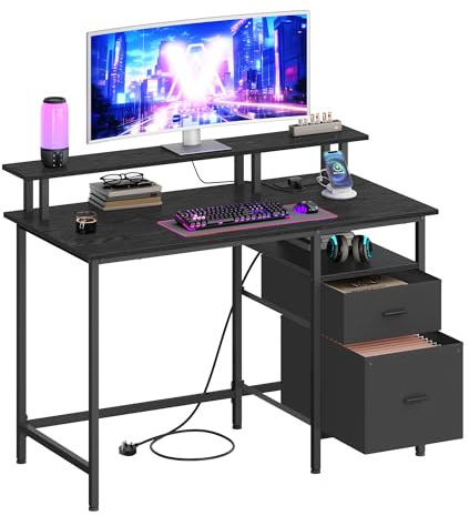VASAGLE Computer Desk with Fabric Drawers, Study Desk with Monitor Stand, LED Lighting, 55 x 120 x 90 cm, Built-in Power Outlets, 2 USB-A Ports, for Home Office, Ebony Black LWD093B02