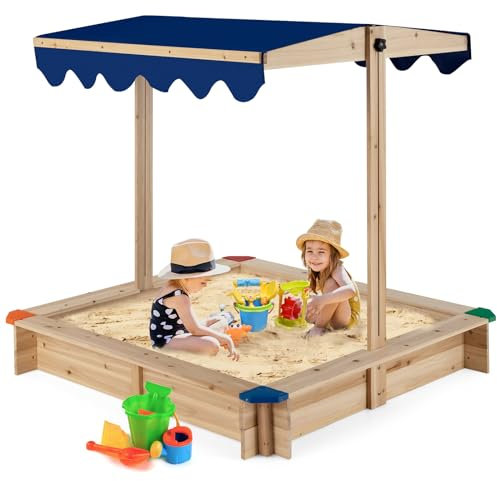 COSTWAY Sabbiera per Bambini in Legno, con Tendina Regolabile in Altezza, Senza Fondo, Area Gioco di Sabbia per Cortile Prato Giardino Spiaggia, 121x121x120 cm