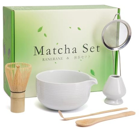 RANERANE Matcha Whisk Set Matcha Bowl with Spout,Matcha Whisk with Matcha Whisk Holder,Matcha Sifter,Matcha Spoon and Scoop for Matcha Maker White, Normal, ZYMC-6Pcs01-White