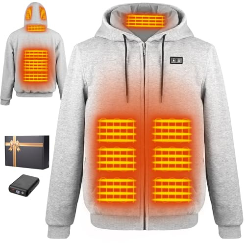 Felpa con Cappuccio Riscaldata Giacca con Cappuccio Riscaldante con e in Pile per Uomo e Donna - Giacca Termica Intelligente 6 Zone, 3 Livelli di Calore - Batteria 7.4V 16000mAh per Outdoor, Campeggio