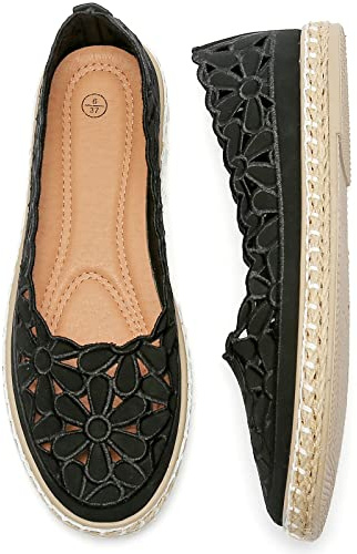 HEAWISH Women’s Ballet Flat Daisy Round Toe Dress Shoes Casual Slip On Rope Loafer(Black, US9.5)