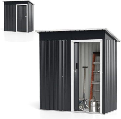 HOMASIS Abri de Jardin Métal Exterieur avec Toit à Une Pente & Porte coulissante, Cabane de Jardin Résistant aux Intempéries, Abri à Outils Poubelles Structure Renforcée, 163x86x181cm, Gris