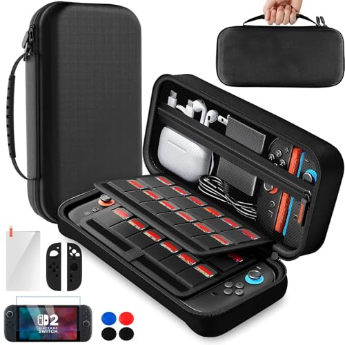 Étui de grande capacité pour Nintendo Switch 2, housse rigide pour Switch 2 avec 1 protecteur d'écran, 2 housses en silicone pour manettes Joy-Con, 4 embouts de pouce et 1 lingette de nettoyage.