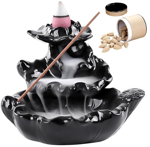 WIYETY Quemador de incienso de reflujo, quemador de incienso con 40 conos de incienso, soporte para varillas de incienso de cerámica, flujo de cascada, para meditación, hogar, Zen, sala de yoga y