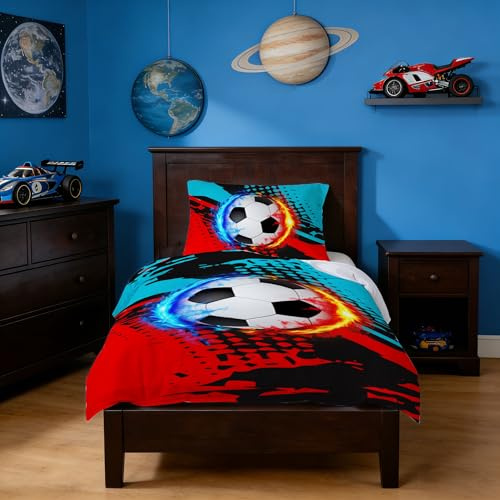DJDEA Set copripiumino da 120 x 150 cm, con stampa a tema calcio, per bambini, con chiusura a zip e 1 federa da 40 x 60 cm, in morbida microfibra
