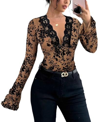 LEBOOBELL Acampanadas para Mujer Diseño Floral Manga Larga Top Sexy Camisa con Cuello en V Blusa de Encaje con Mangas Caqui XL