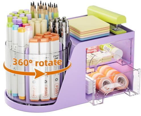 Marbrasse Organiseur de Bureau,360 Degrés Rotatif Organiseur de Bureau,5 Compartiments Boîte de Rangement Plastique pour Fournitures Artistiques pour Maison(Violet)
