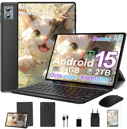SUAAT Tableta 10 Pulgadas Android 15 Octa Core, 64 GB ROM + 2 TB TF, 5G + 2,4G WiFi, Bluetooth 5.0, Cámara 8 MP + 5 MP, con Funda, Teclado y Ratón, Negro