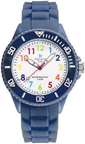 Alienwork Kids Lernuhr Kinderuhr Jungen Mädchen Marineblau Silikon-Armband Mehrfarbig Kinder-Uhr Wasserdicht 5 ATM Zeit Lernen
