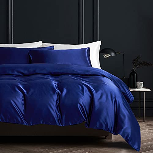 Gezu Sets de Funda de Edredón 200x200cm Satén Azul Sólido Juego de Cama para 2 Personas Seda Lisa Brillante Suave con 2 Fundas de Almohada 65x65cm con Cremallera