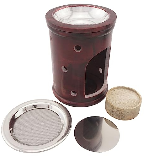 Duftlampe und Räucherstövchen aus indischem Speckstein mit Schale mit Metalleinsatz, Edelstahlsieb, Metallscheibe und Podest – Design „Ninurta” – H 10,5 cm