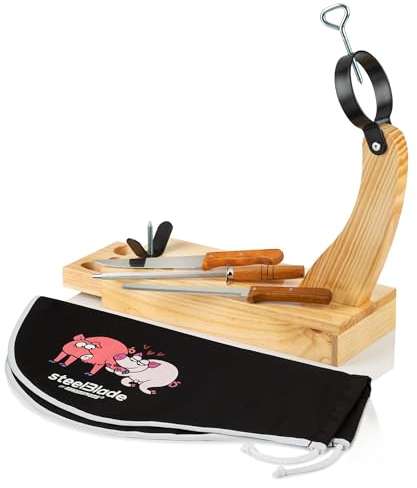 steelBlade - Support à jambon Granada avec tiroir + couvre-jambon Kukuxumusu + couteau à jambon + fusil + couteau auxiliaire - Support à jambon fabriqué en Espagne