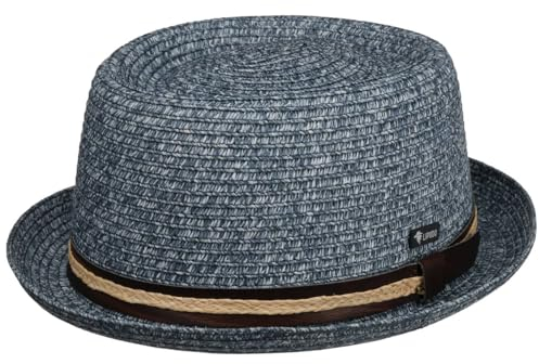 Lipodo Carignano Pork Pie Hat Made in Italy Pork Pie Hat Melange Viscose Leather Trim Men Summer Blue-Mottled XL (60-61 cm)