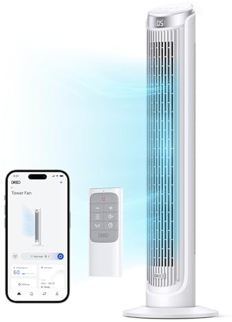 DREO Smart Tower Fan for Bedroom, Standing Fans for Indoors, 90° Oscillating, 26ft/s Velocity Quiet Floor Fan with Remote, 12H Timer, Voice Control Fans for Indoors, Compatible with Alexa