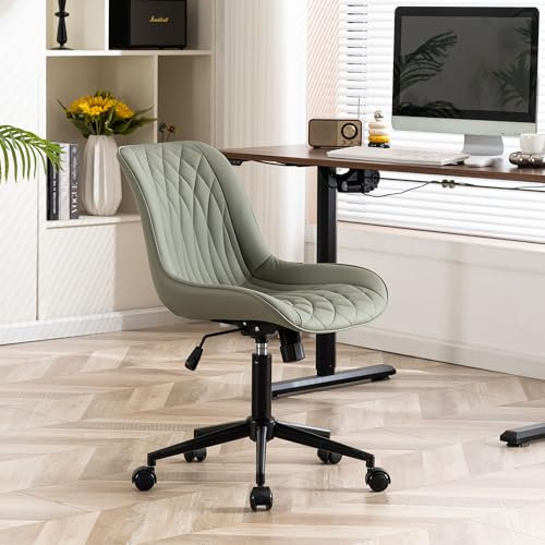 YOUNIKE Armless Office Chair with Wheels, Swivel Rolling Desk Chair with Back, Upholstered Faux Leather Computer Task Chair Height Adjustable Modern, Olive Green