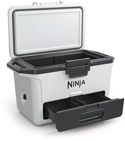 Ninja FrostVault Hard Cooler 47L, Premium isolierte Kühlbox, hält Eis bis zu 6 Tage, integrierte Trockenaufbewahrungsschublade mit Kühlschranktemperatur, passt 80 Dosen, Wolkenweiß FB151EUWH