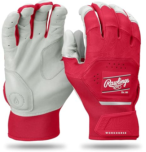 Rawlings | Adult Workhorse Baseball Batting Gloves | White/Scarlet | LRG