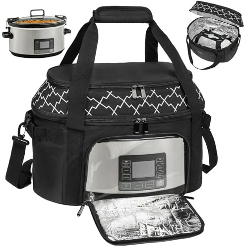 ZIOZERTT Slow Cooker Carrying Bag Compatible with 6-8 Quart CrockPot and Hamlton Beach,Double-Layer Insulated Carrier Case with Lid Fastener and See-through Window,Bag Only