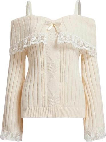 FENXIXIONE Chandails courts à épaules dénudées pour femmes pull coquette en tricot côtelé haut à manches longues en dentelle (Blanc,S)