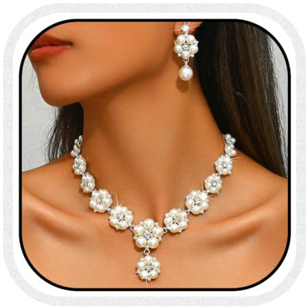 Unicra Silver Pearl Jewelry Set Bridal Wedding Necklace Earrings Sets Rhinestone Indian Jewelry Sets for Women and Brides (Silver)