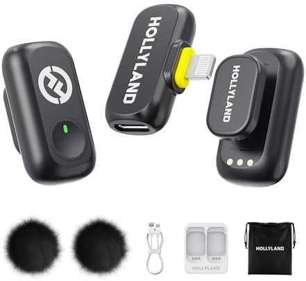 Hollyland Lark A1 Mini Duo - Mini micrófono inalámbrico para iPhone 14/13/12 (2TX + Lightning RX), micrófono magnético para Youtube, TikTok, podcasts y Vlogs (Negro, sin Estuche de Carga)