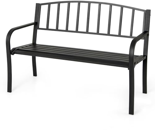RELAX4LIFE Panchina da Esterno a 2-3 Posti, Panca da Giardino a Doghe in Metallo con Schienale a Strisce e Braccioli Curvati, Panca per Cortile/Parco, Max 300 kg, 127×59×85,5cm (Modello 20)