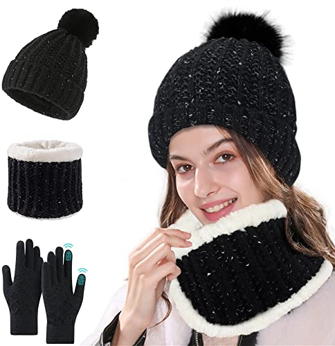 Gorro y Bufanda de Invierno, Mujer Gorro de Beanie Pompón Bufanda de Punto con Forro Polar Suave y Cálido, Mujer Guante Set Beanie para Esquí Diario Deportes al Aire Libre Regalo de Invierno (Negro)