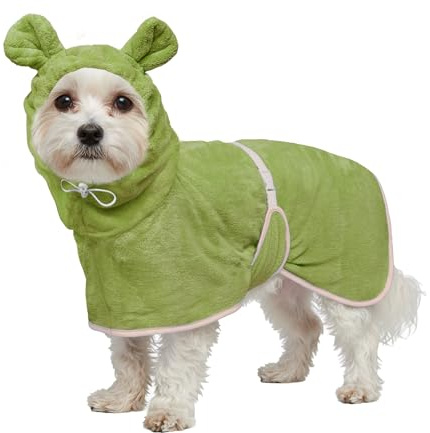 Dog Bathrobe Super Absorbent Towel Robe - Microfiber Bath Towels Fast Drying Coat for Dogs, Cute Dogs Clothes Adjustable Collar & Belly Strap Warm Keeping Hooded Dog Towel (Olive Green, Medium)