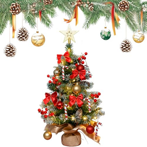 Mini Albero di Natale, 60 cm Piccolo Albero di Natale con Illuminazione LED Verde Albero di Natale Piccolo Artificiale con Punta Stellata Albero di Natale Decorato per Cucina Natalizia Decorazione da