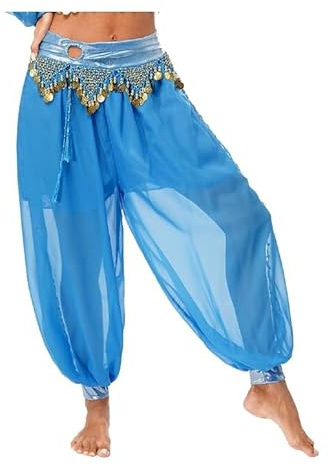 AIGOUT Women's Sequinned Harem Pants - Side-Slit Flowy Chiffon Belly Dance Trousers with Tassels for Zumba Stage Performance Halloween Costume (Sky blue, ONE SIZE)
