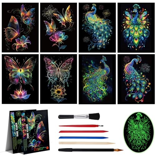 XIATIAN - Set di immagini da grattare, formato A4, per adulti, arcobaleno magico, carta da grattare, creativa, che si illumina al buio, per fai da te (farfalla che si illumina di notte + pavone)