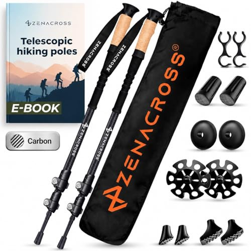Zenacross® Bastoncini Trekking Telescopici Carbonio - Bastoni Trekking Regolabili per Uomo e Donna, Ultra leggero, con Manico in Sughero Naturale