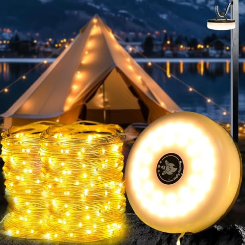 GCCATE 10M Camping String Lights Retractable Fairy Lights, Warm White | Portable, Waterproof, Rechargeable, 2000mAh Battery, 8 Lighting Modes, Torch Function, for Tent RV Yard Patio Garden Decor