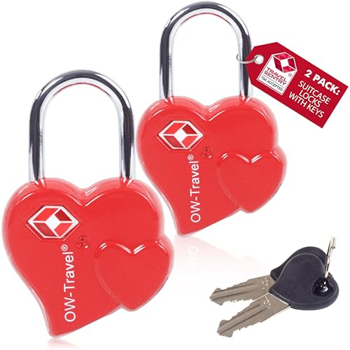 OW-Travel Candado Forma Corazón Con Llaves TSA - Cerraduras para Maletas, Taquillas, Mochilas y Equipaje - Taquilla de Gimnasio Rojo