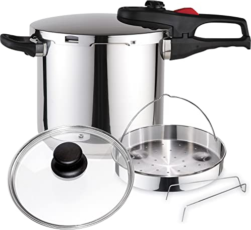 Magefesa Practika Plus - Pack Esclusivo Pentola a Pressione Veloce 7,5L + Cestello + Coperchio in Vetro, Acciaio Inossidabile 18/10, Sensore Di Pressione, Induzione