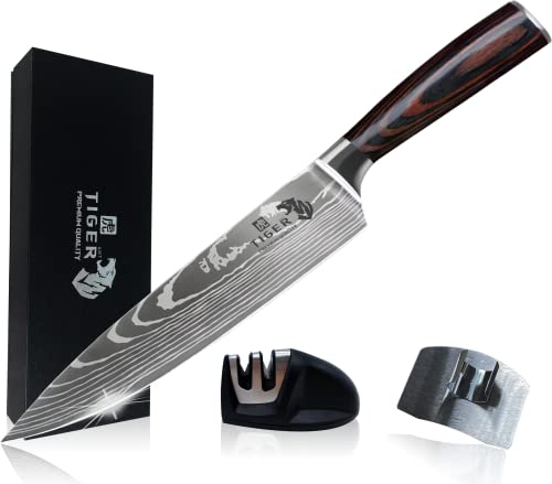 Couteau à viande Tiger AMT 20cm, couteau de cuisine, couteau à sushi, couteau de chef couteau professionnel couteau de coupe avec protection des doigts et aiguiseur de couteaux dans un coffret cadeau