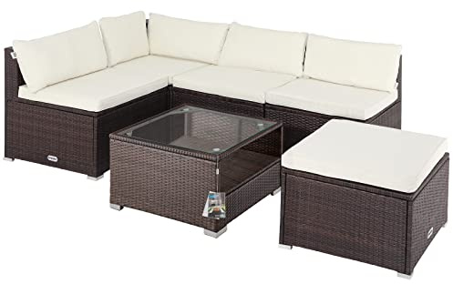 Casaria® Gartenmöbel Lounge Set Wetterfest 5 Personen Polyrattan Sicherheitsglas Tisch Outdoor Sitzkissen Terrassenmöbel Eck Sofa Braun Creme