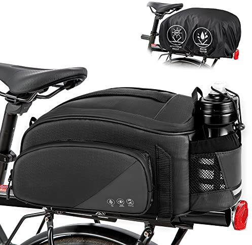 Eyein Bike Rear Rack Bag, 12L Waterproof Reflective Bicycle Trunk Bag, Cycling Rear Seat Carrier Backseat Storage Luggage with Water Bottle Holder, Shoulder Strap for MTB Ebike
