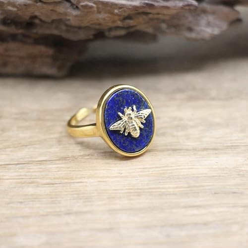 Naturlig sten bin ring ovala ädelstenar labradorit rosenkvarts lapis justerbar ring kvinnor sommarsmycken, lapis lazuli bi, justerbar storlek