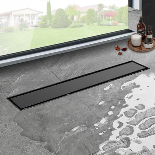 iYueMps Duschrinne schwarz 70cm Edelstahl Bodenablauf 2-in-1 doppelseitig, Flieseneinsatz Ablaufrinne,schnelle Entwässerung, mit Geruchsstopp und Haarfilter