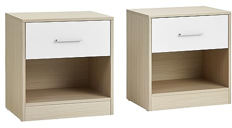 VASAGLE Comodini, Set di 2 Tavolini con Cassetto, Maniglia, Scomparto Aperto, per Camera da Letto, Soggiorno, Beige Naturale e Bianco Classico LET819T67