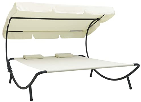 FIRBNUS Sonnenliege & Baldachin und Kissen weiß creme Sonnenliege mit Dach Doppelliege mit Sonnendach Gartenliege