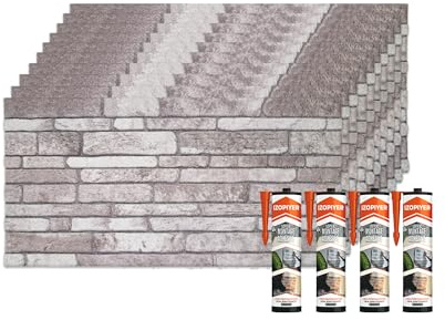 IZODEKOR Revestimiento de pared con aspecto de piedra, espuma de poliestireno, 3D, para cocina, balcón, dormitorio, salón, diseño de aspecto antiguo, 10 paneles con 4 adhesivos de montaje, crema