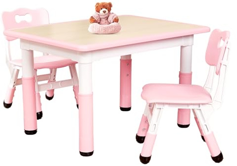 FUNLIO Tavolino con 2 Sedie per Bambini, Tavolino e Sedie Regolabili in Altezza per Età 3-8 Anni per Aule/Case, Tavolo Bambini per Arti Facile da Pulire, Approvato CPC e CE (3 pezzi)-Rettangolo-Rosa
