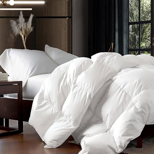 Luxurious Oversized Super King 120 x 120 Size Goose Down Fiber Waterfowl Feather Fiber Comforter Duvet, 100% Egyptian Cotton Cover, 90 oz. Fill Weight, Baffle Box Design, White Solid