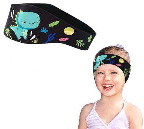 EORPAVU Diadema de Natación,Correas para los oídos con correa de natación de neopreno impermeable, correas de protección para los oídos para niños, patrón de dinosaurio negro