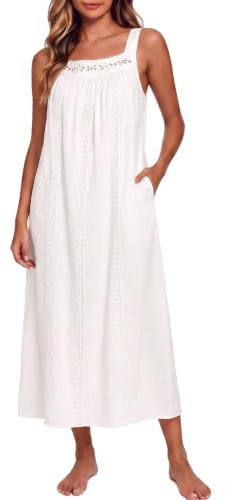 SWOMOG Women's Cotton Nightdress Sleeveless Nightgown Soft Long Nighties Embroidery House Dress with Pockets
