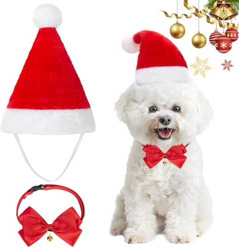 MELLIEX 2 Pezzi Costume di Natale per Animali Domestici, Natalizio Costumi Cappello da Babbo Natale e Papillon Regolabile per Cane Gatto