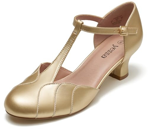 YESSA Character Shoes 2 Dance Shoes for Women T-Strap 1920s Flapper Shoes for Ballroom Latin Salsa Folklorico Flamenco Tango Swing Wedding Gatsby Shoe 8.5 Gold