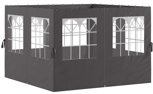 Outsunny Seitenwand 4er Set für 3 x 3 m Pavillon Seitenteile mit 8 Fenster Klettverschluss 302x205 cm Wasserdicht stabil Winterfest Seitenteil Seitenwände für Partyzelt Gartenpavillon Dunkelgrau